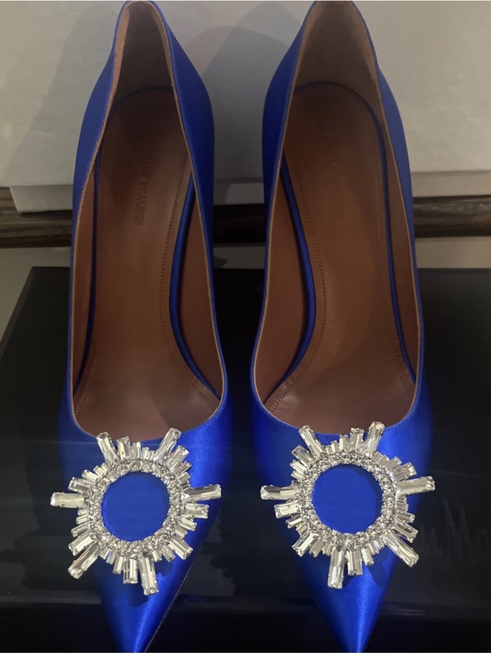 Amina Muaddi Begum Electric Blue Satin Crystal Rhinestone Pumps High Heels 39.5